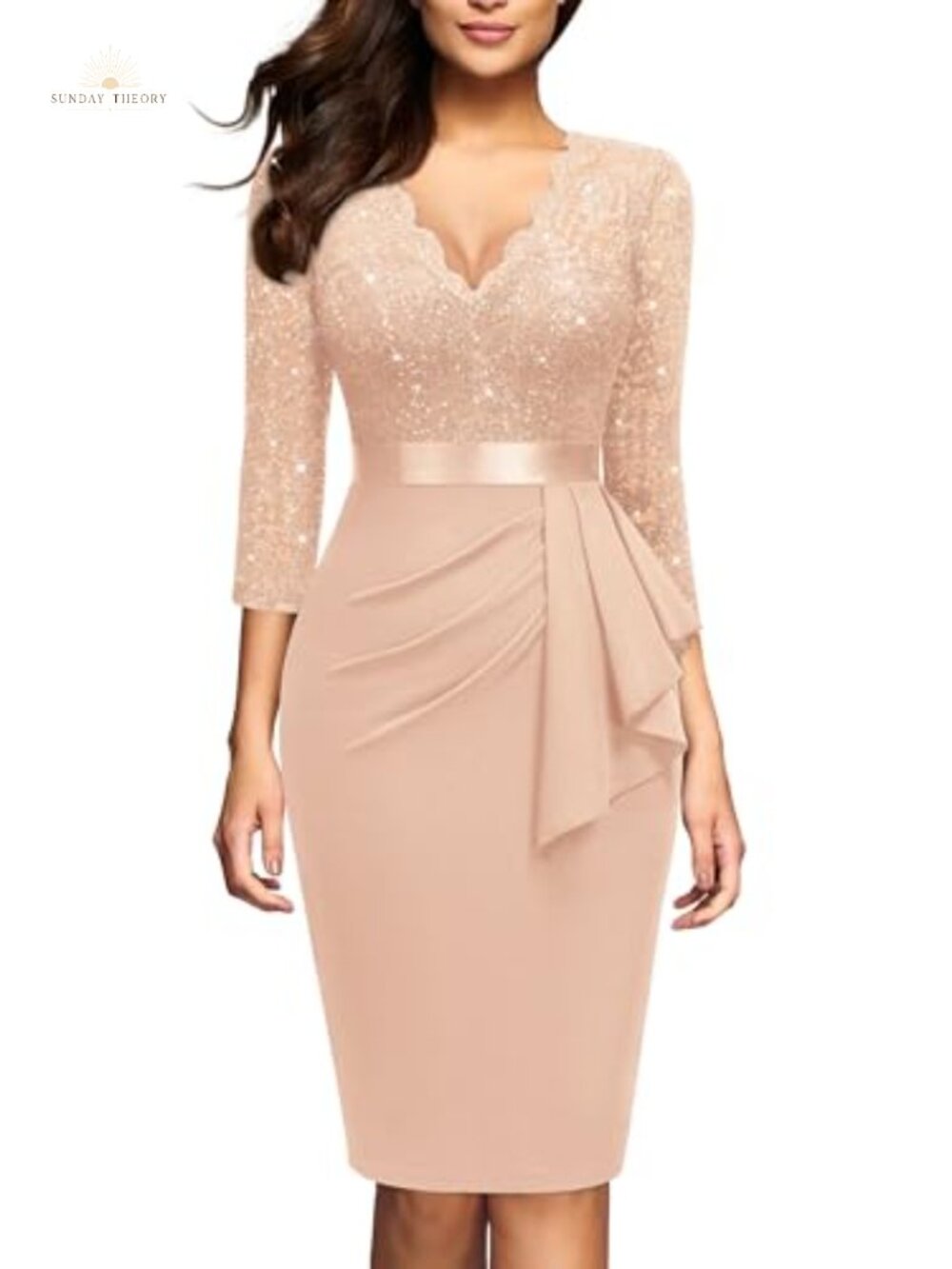 Retro V-Neck Floral Lace Ruffle Cocktail Dress 3/4 Sleeve Sequin Bodycon